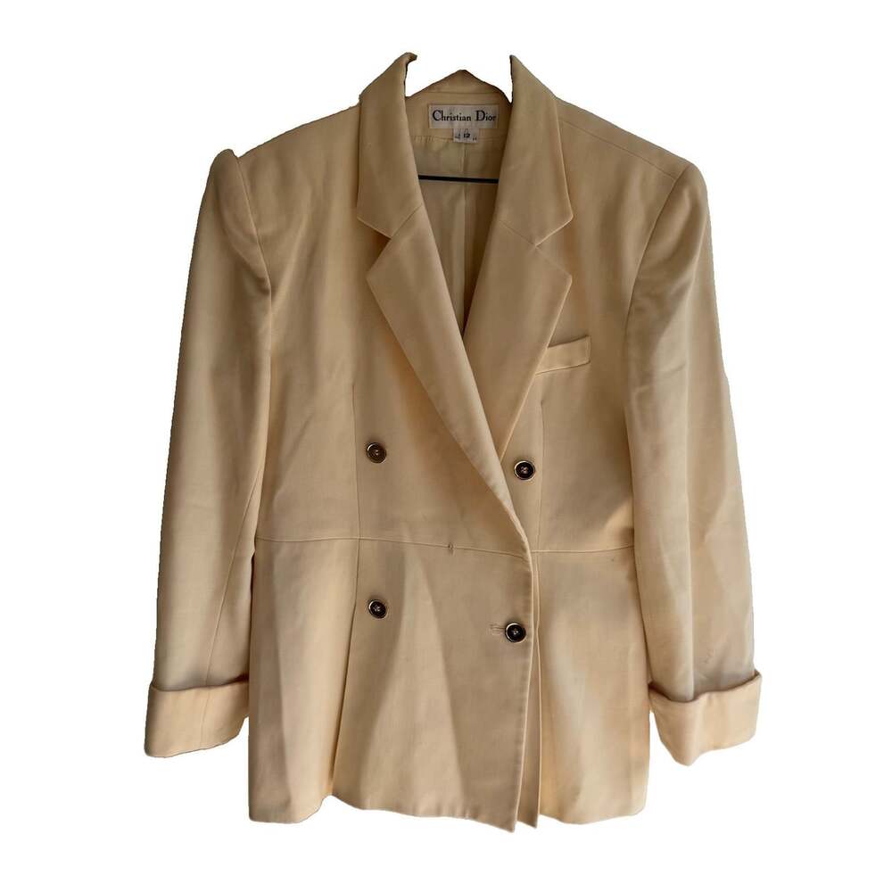 Vintage Christian Dior Blazer Womens 12 Cream Ivory Double Breasted Gold Button